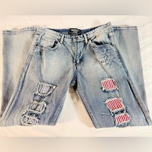 Brooklyn Express Men’s Distressed Jeans with American Flag Patchwork. NWOT 34x32
